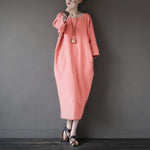cambioprcaribe Dress Pink / XL O-Neck Midi Cotton Linen Dress | Lotus
