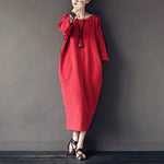 cambioprcaribe Dress Red / XL O-Neck Midi Cotton Linen Dress | Lotus