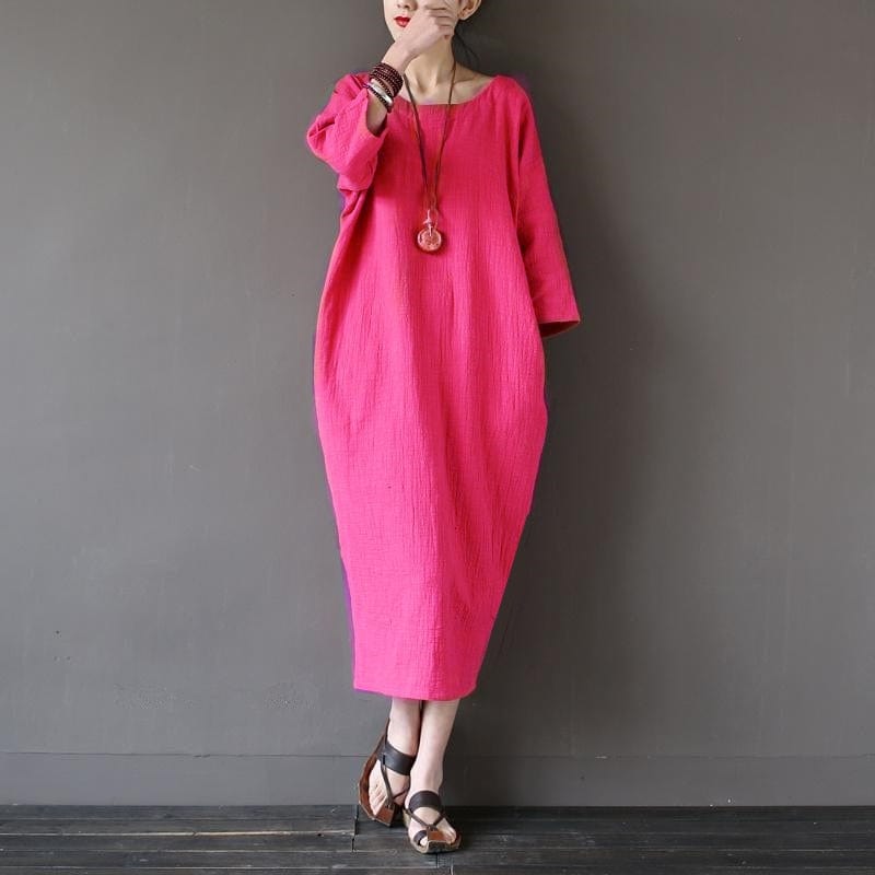 cambioprcaribe Dress rose / XL O-Neck Midi Cotton Linen Dress | Lotus