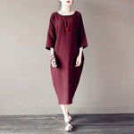 cambioprcaribe Dress wine red / XL O-Neck Midi Cotton Linen Dress | Lotus