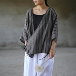 Striped V Neck Wrap Cotton Linen Shirt  | Zen