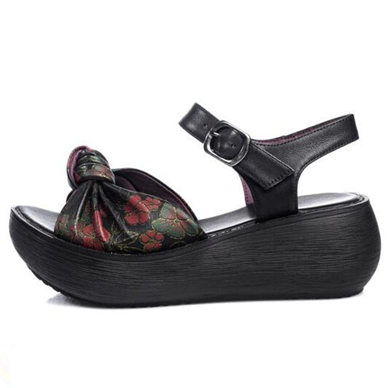 cambioprcaribe Handmade Retro Floral Platform Leather Sandals