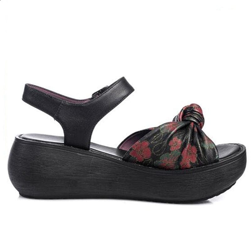 cambioprcaribe Handmade Retro Floral Platform Leather Sandals