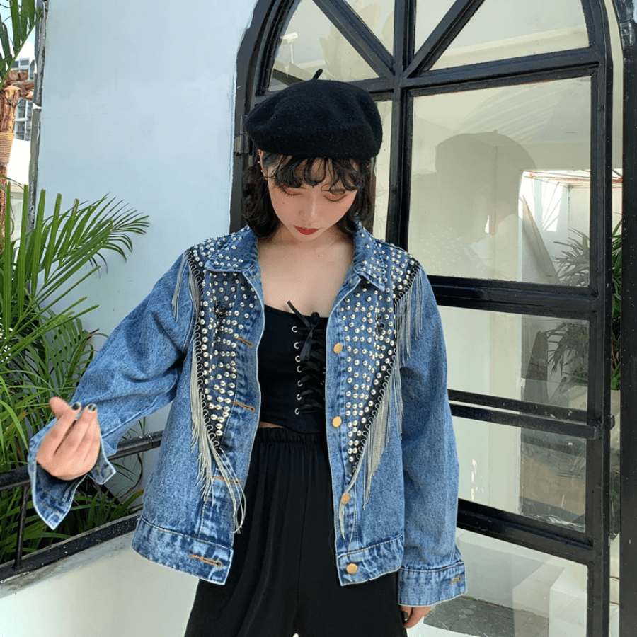 cambioprcaribe Jackets Blue / XL Vintage Studded Tassel Denim Jacket