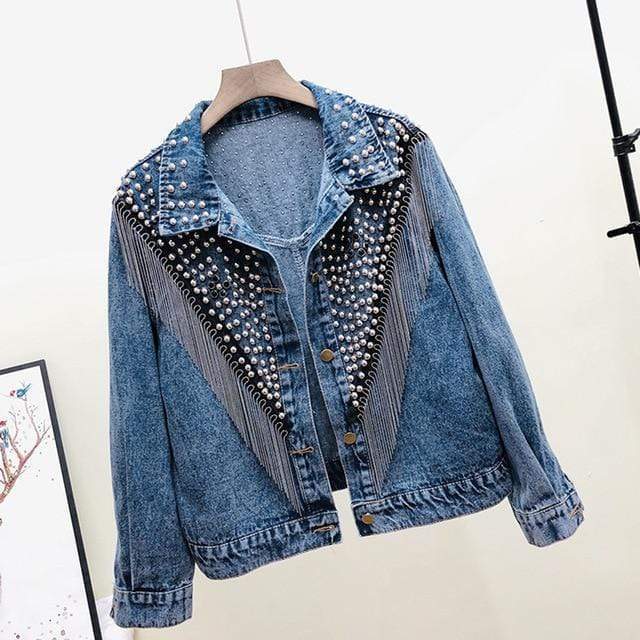 cambioprcaribe Jackets Vintage Studded Tassel Denim Jacket