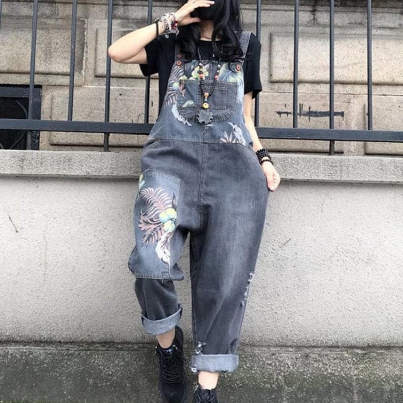 Loose Floral Denim Overall