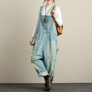 Buddha Trends Light Blue / One Size Loose Ripped Denim Overall