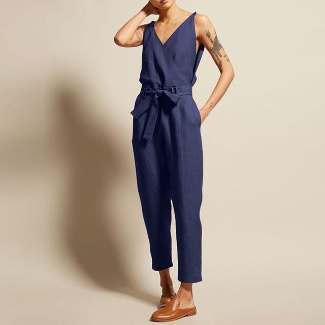 Casual Chic V Neck Sleeveless Overall