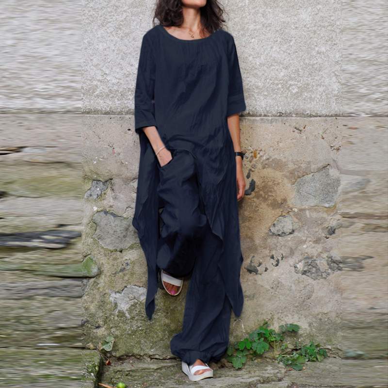 cambioprcaribe Navy / S Celmia Long Asymmetrical Shirt + Pants Set