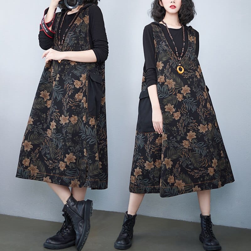 cambioprcaribe overall dress Black / One Size / China Hooded Floral Overall Dress