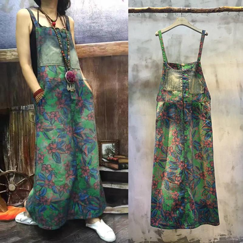 Floral Long Denim Overall Dress