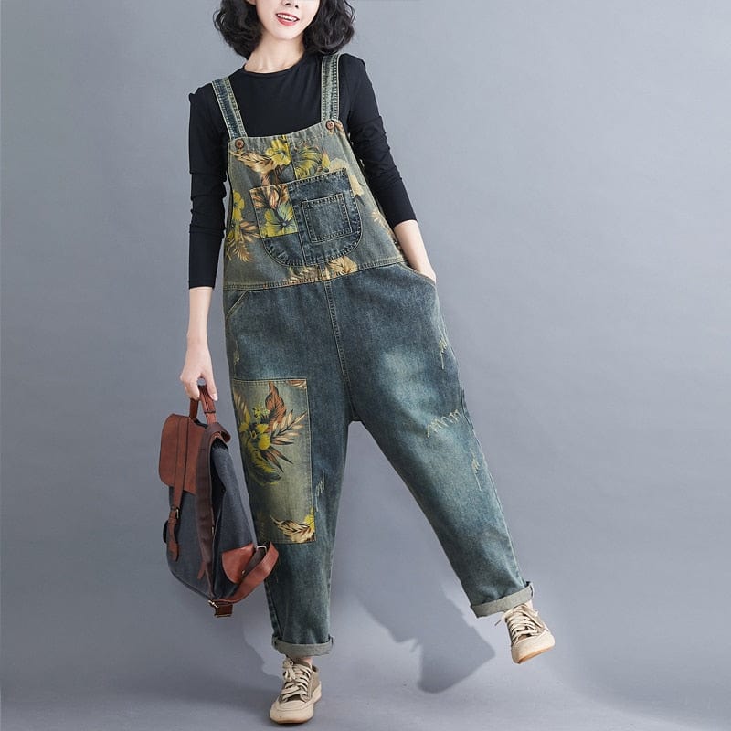 cambioprcaribe Overall Floral Printed Denim Loose Overall