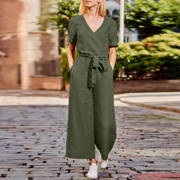 cambioprcaribe Army Green / S V-Neck Short Sleeve Jumpsuit