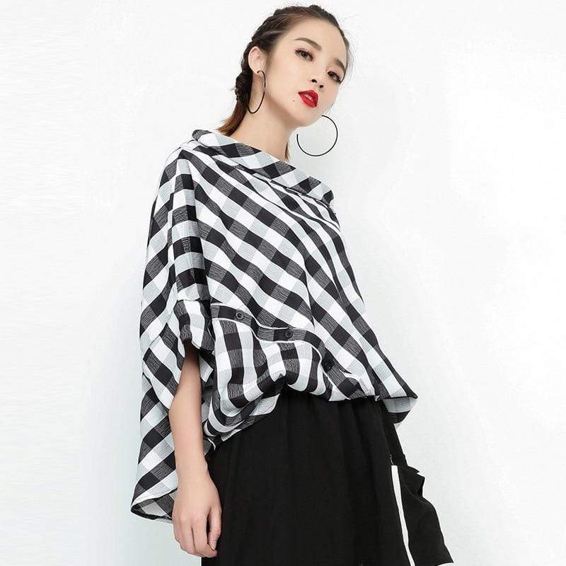 cambioprcaribe Blouse Black & White Plaid Slash Neck Top | Millennials