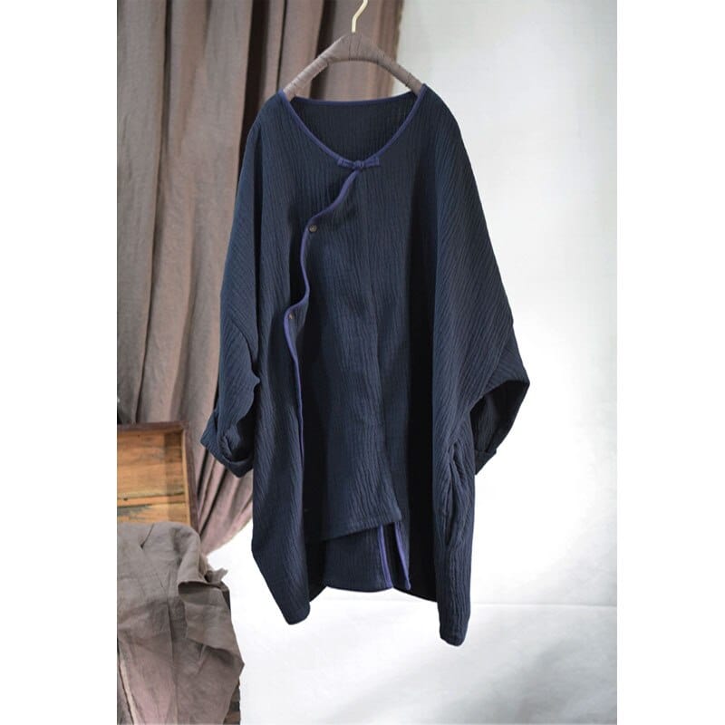 cambioprcaribe Blue / One Size Irregular V Neck Cotton Linen Coat