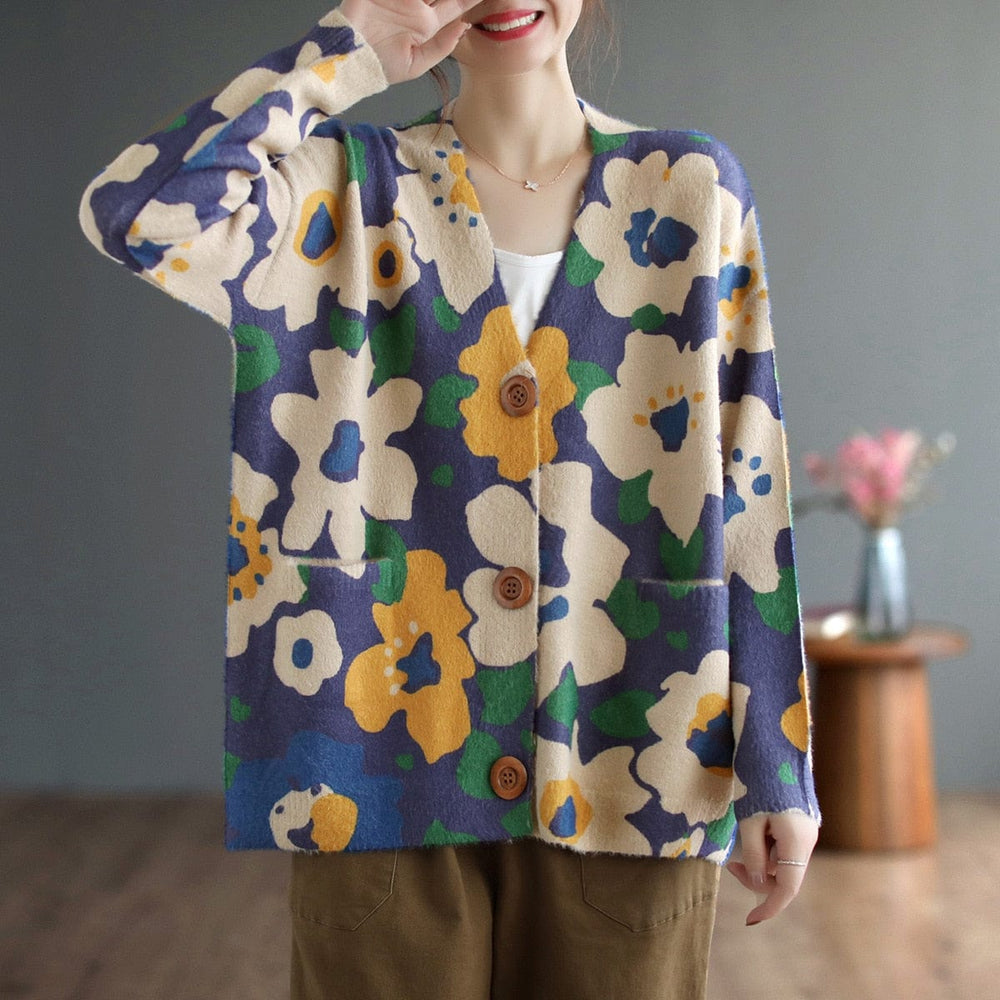 Mori Girl Print Loose V-Neck Cardigan