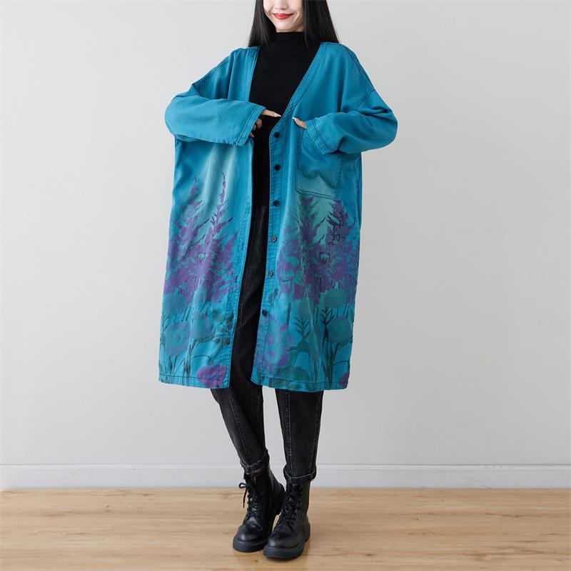 cambioprcaribe Blue / Onesize Oversized Knitted Denim Trench