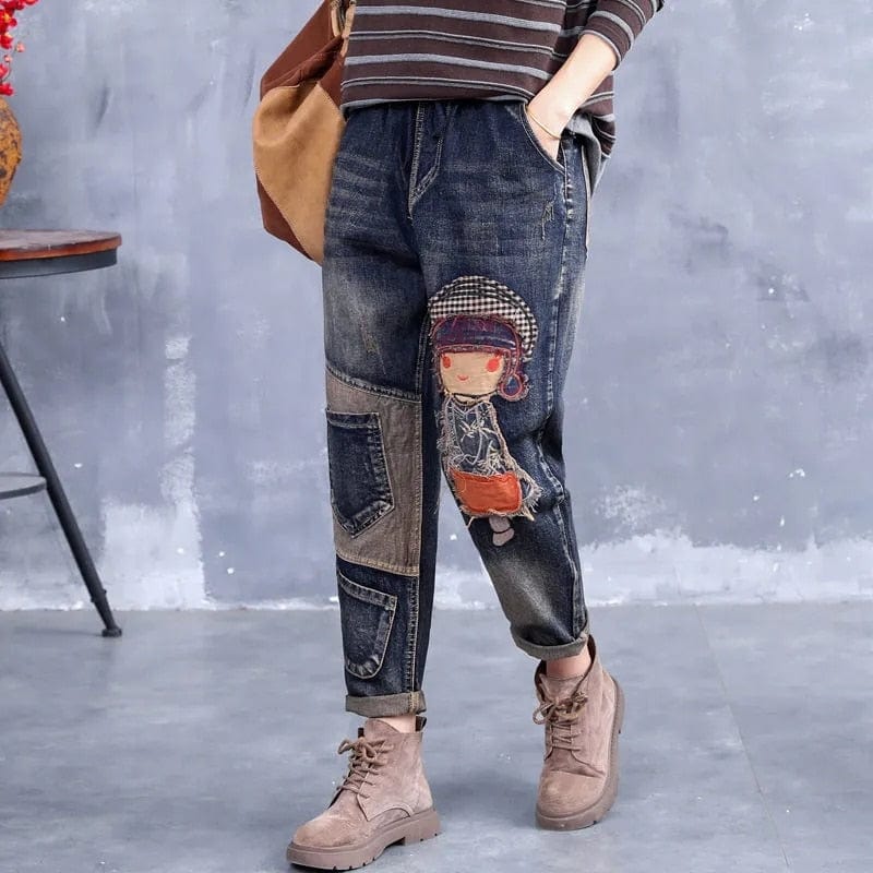 cambioprcaribe Blue / S Cartoon Embroidery Retro Denim Jeans