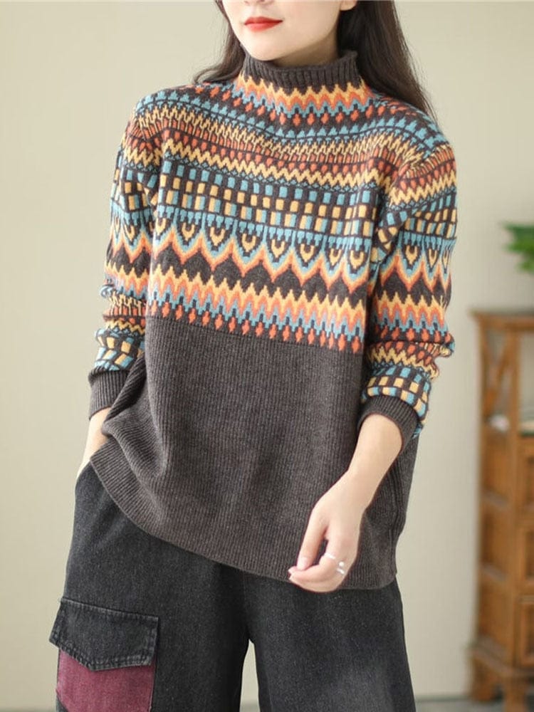 cambioprcaribe Brown / One Size Geometric Print Turtleneck Sweater