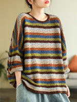 cambioprcaribe Brown / One Size O-Neck Vintage Striped Sweater