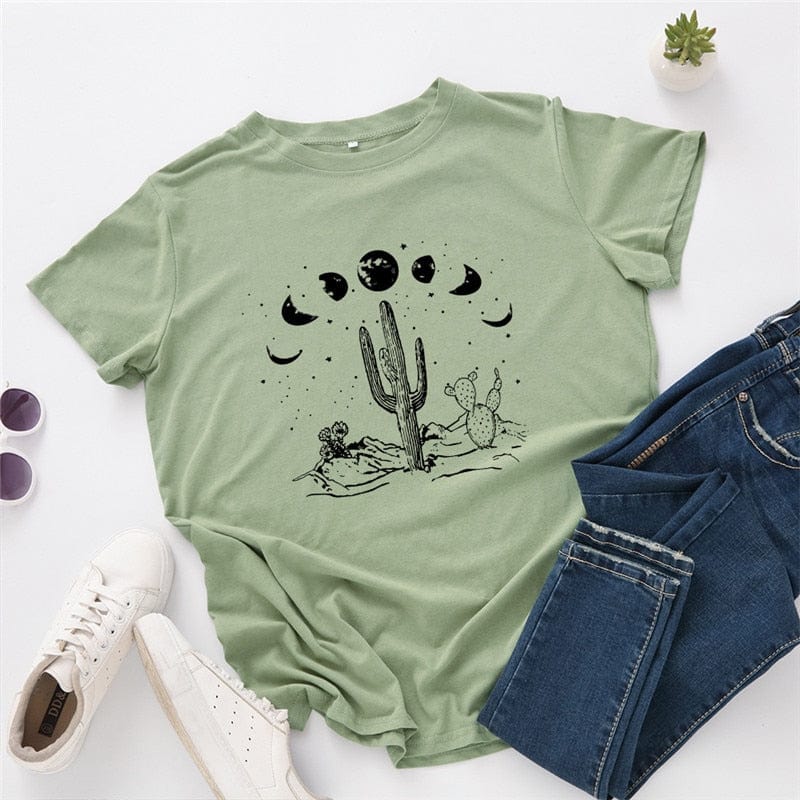 cambioprcaribe F0268-Olive green / S Moon Cactus Loose Cotton T-Shirt