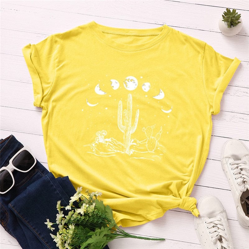 cambioprcaribe F0268-Yellow2 / S Moon Cactus Loose Cotton T-Shirt