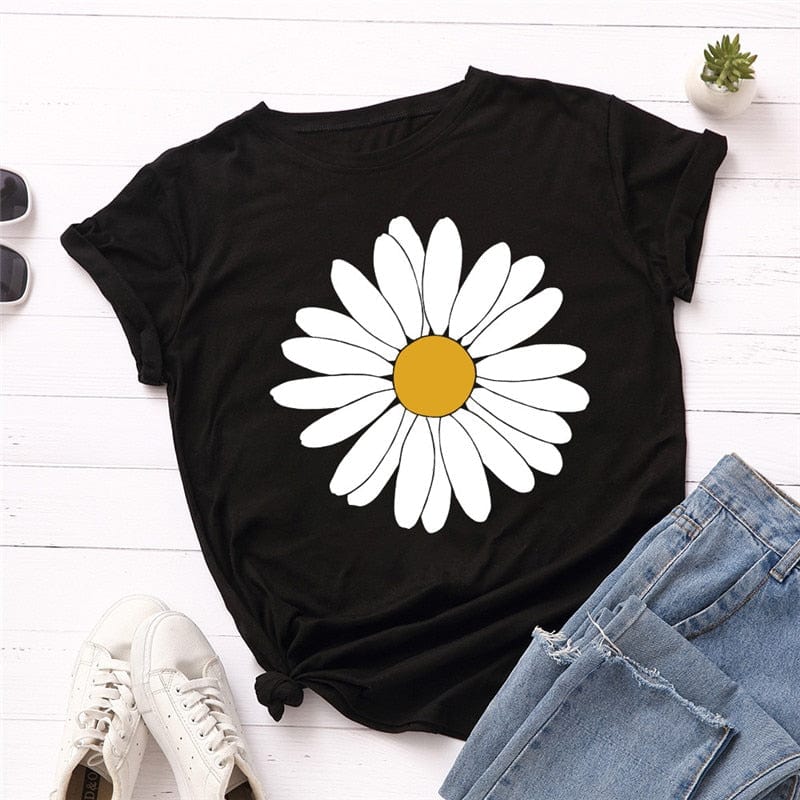 cambioprcaribe F0517-Black / S Vintage Daisy Flower Cotton Tee