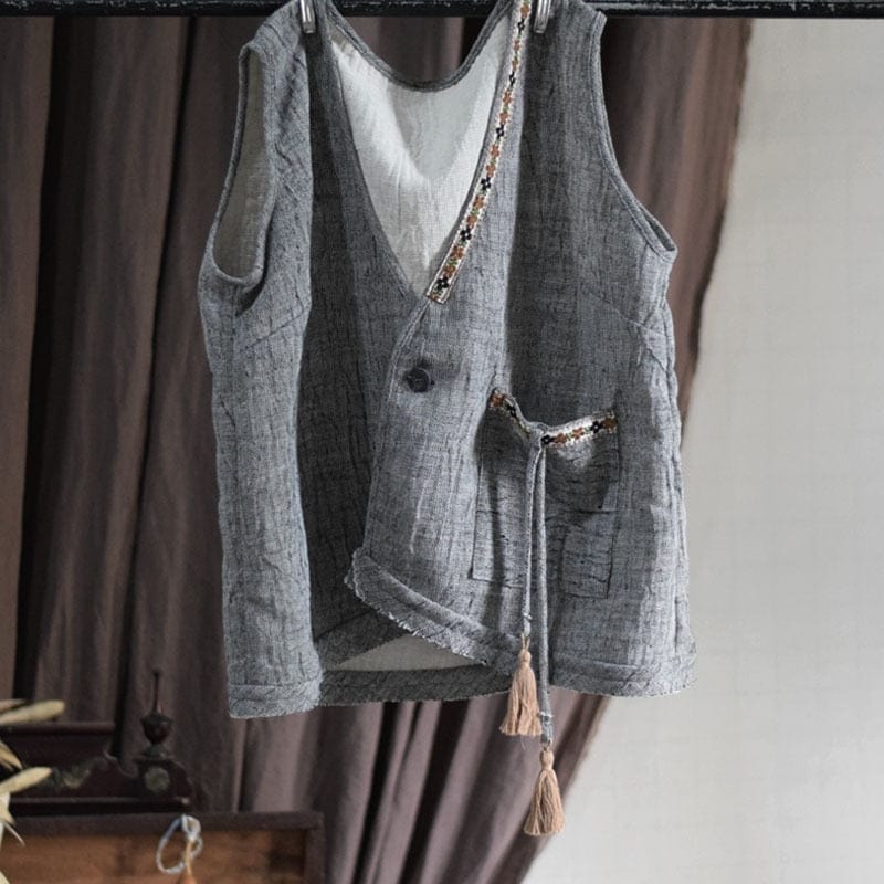 cambioprcaribe Gray / One Size Loose Linen Retro Patchwork Vest