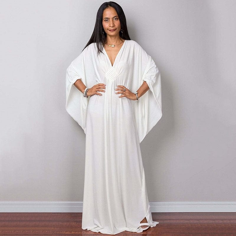 Greek Goddess White V-Neck Kaftan Dress