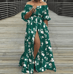 cambioprcaribe Green Leafs / S Off Shoulder High Split Maxi Dress