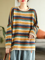 cambioprcaribe Grey / One Size O-Neck Vintage Striped Sweater