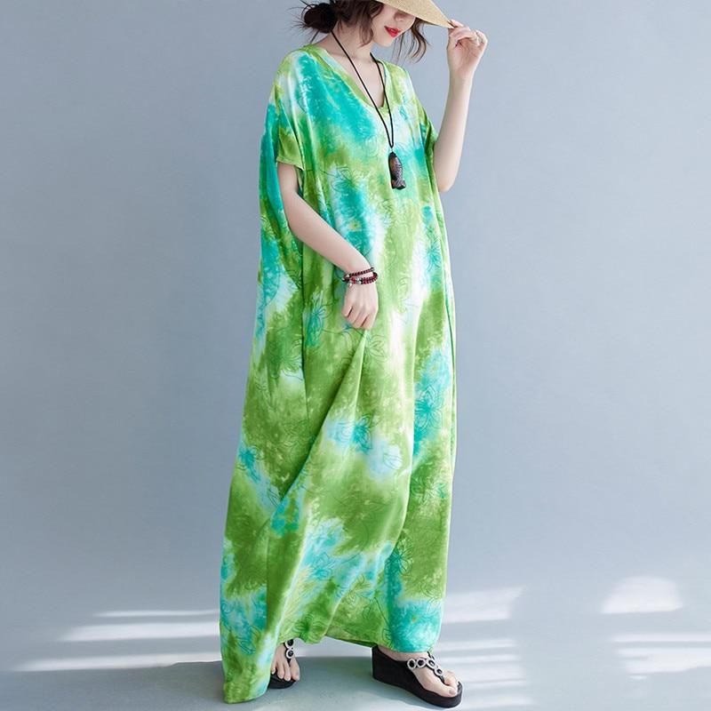 Green Floral Tie-Dye Kaftan Dress