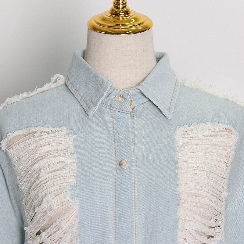 cambioprcaribe Korean Style Long Distressed Denim Shirt