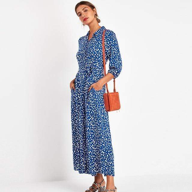 cambioprcaribe Maxi Dress Polka-Dot Blue / S Jenna Boho Vintage Shirt Dress