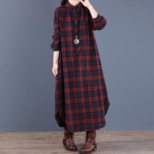 cambioprcaribe Red / M Vintage Loose Cotton Plaid Dress