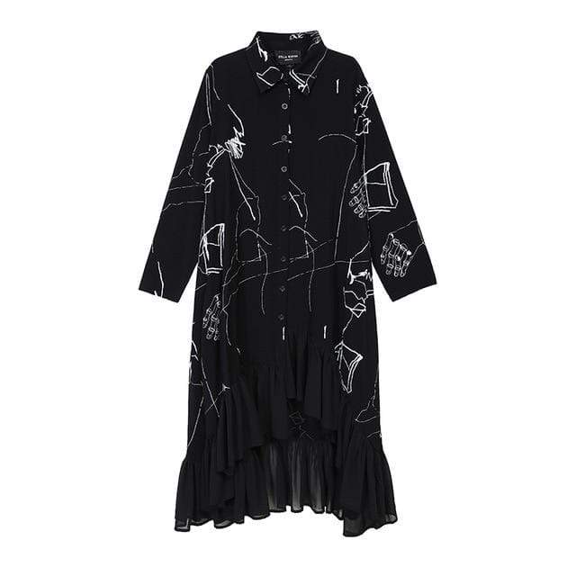 cambioprcaribe Shirt Dress Abstract Black and White Ruffled Shirt Dress | Millennials