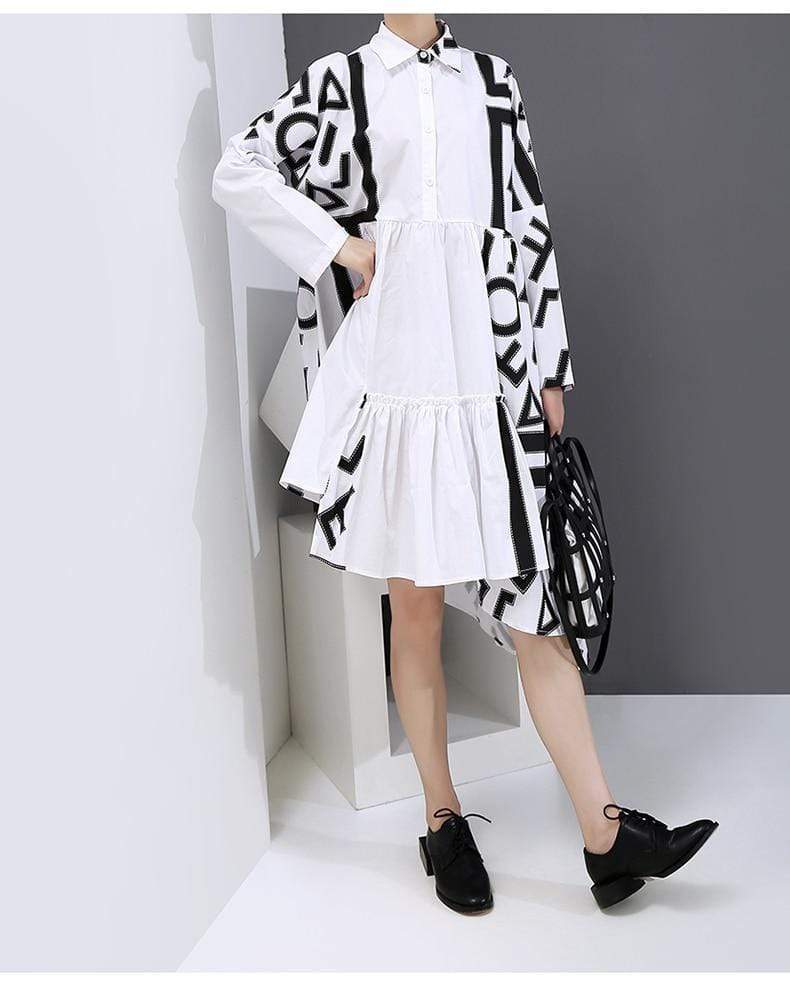 cambioprcaribe shirts Black and White Asymmetrical Pleated Shirt Dress | Millennials