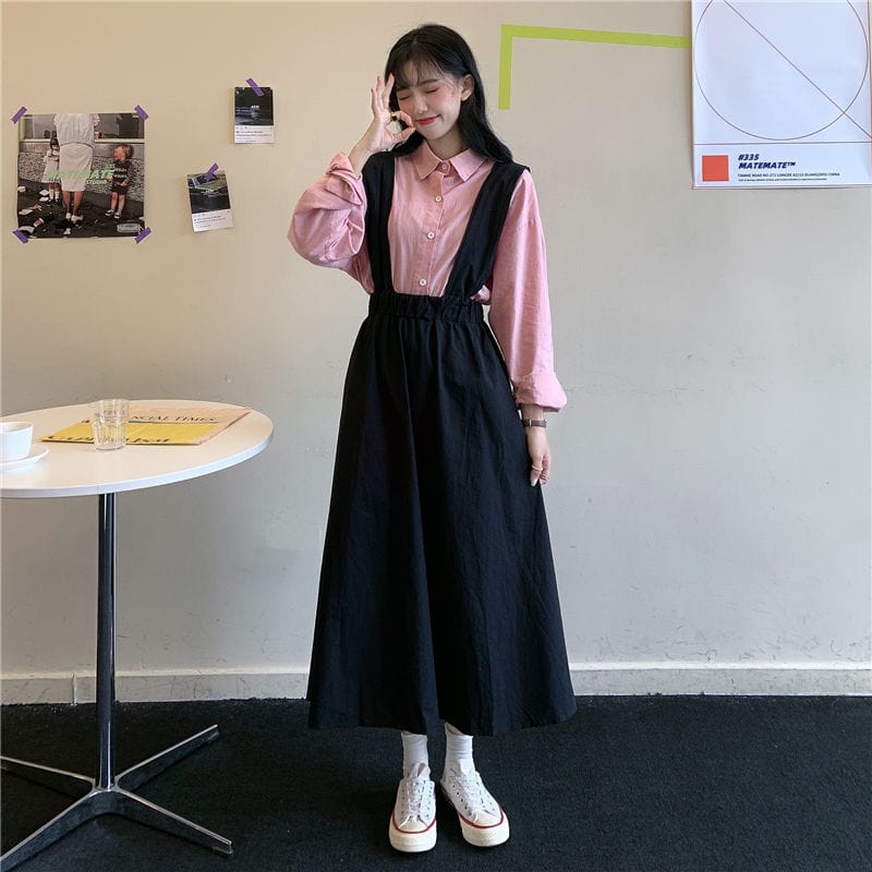 Solid Pleated Suspenders Skirt