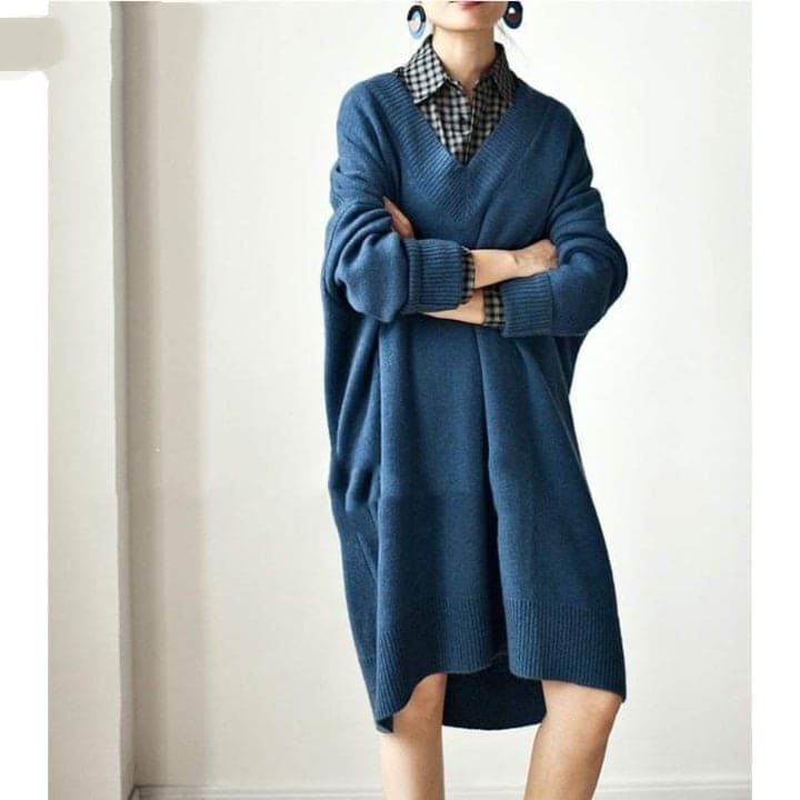 cambioprcaribe Sweater Dresses Blue / One Size Averi V-neck Sweater Midi Dress