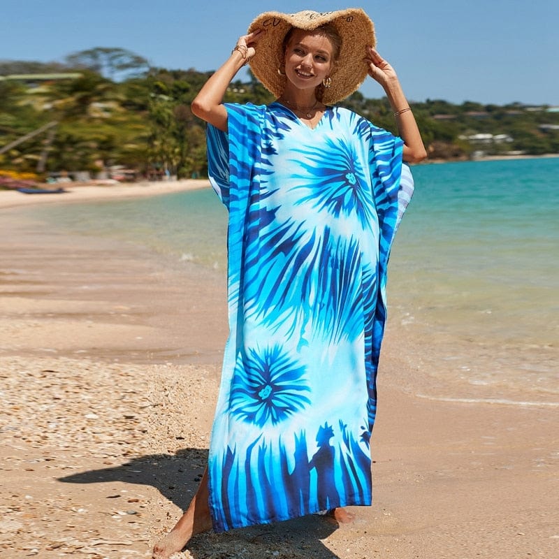 cambioprcaribe Tie Dye Rayon Kaftan For Women Long Tunic Vacation Beach Dress Cover Up Plus Size Full Length Robe Vneck Scrollwork Print Caftan