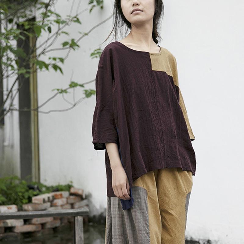 Loose Patchwork Cotton Linen T-Shirt | Lotus