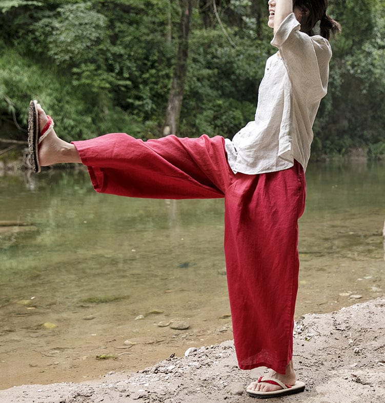 cambioprcaribe Vibrant Red Cotton Linen Palazzo Pants