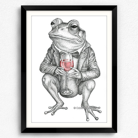 Drawing of Jeremiah the frog drinking red wine in a black frame