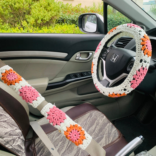 Crochet Daisy Steering Wheel Cover,3D Daisy Steering Wheel Cover for Women,Cute  Steering Wheel Cover,Car Accessories (F,Steering Wheel Cover+2 Belt Cover+Car  Coasters Set of 2) : : Car & Motorbike
