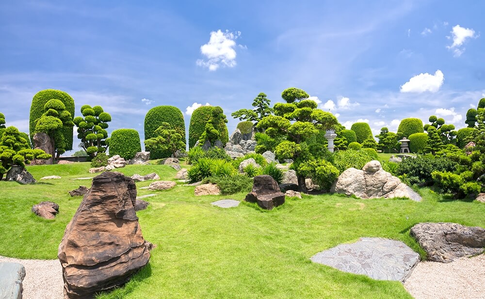 Gartenbonsai Die Art und Weise, den Niwaki-Garten zu dekorieren, ist ein Kunstwerk der Landschaftskunst