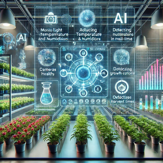 A futuristic agricultural setup where AI plays a pivotal role. The scene includes various high-tech elements like sensors, cameras, and advanced algor
