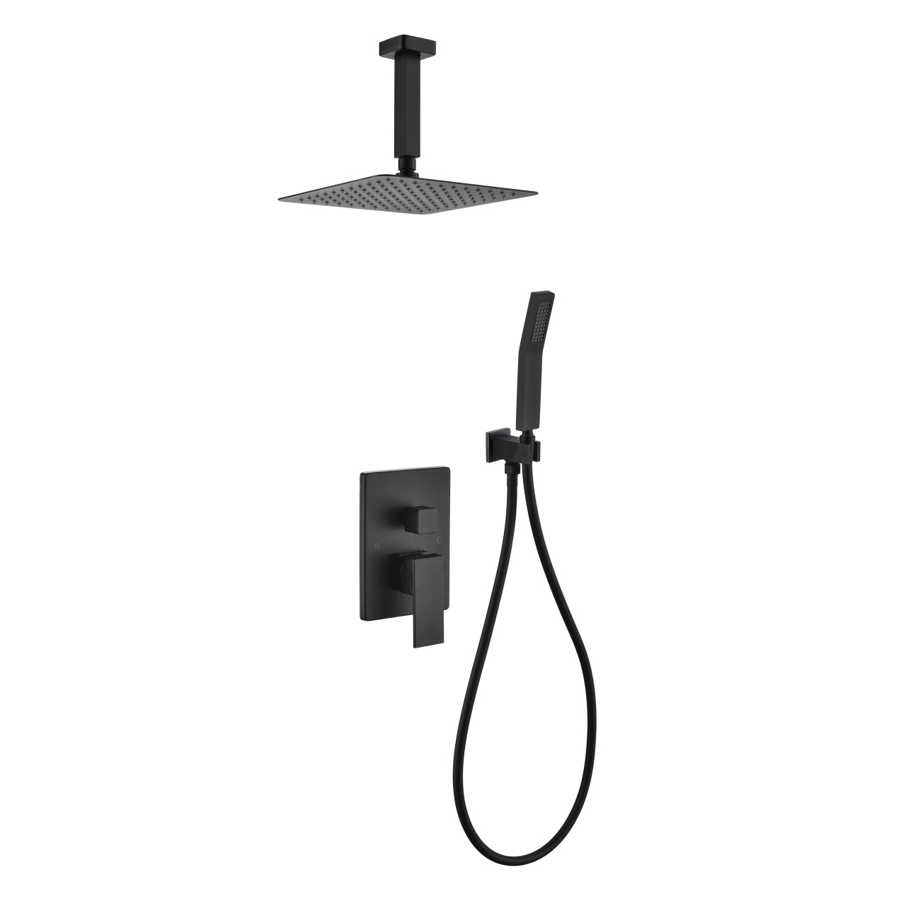 Aqua Piazza Matte BlackShower Set with 8" Ceiling Mount Square Rain Shower and Handheld