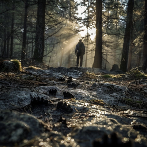 randonneur qui vois des empreintes de cerf au sol en foret