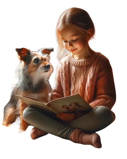 Girl with her rescue dog reading a book