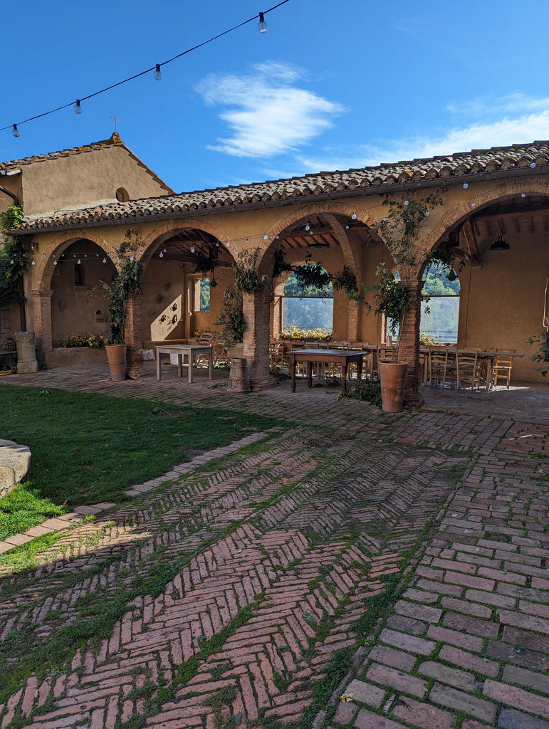 view of long table in courtyard